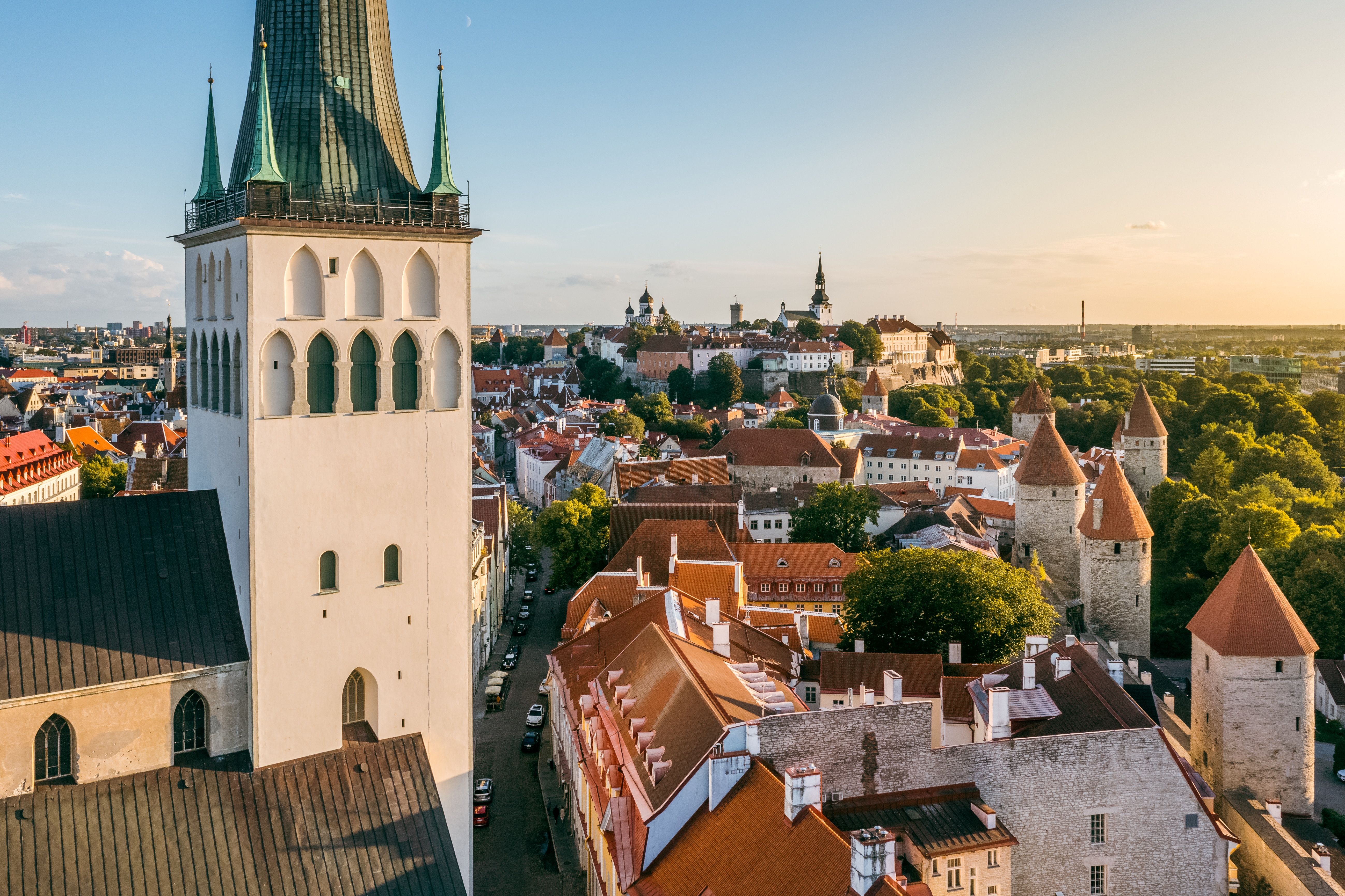 Tallinn Old Town with St Olaf&rsquo;s Church tower, red rooftops and medieval walls in warm evening light