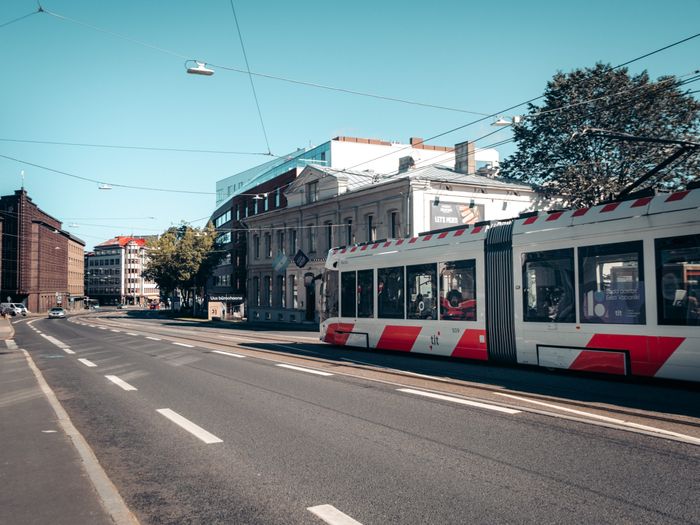 Tenet filming locations in Tallinn, Estonia: Pärnu maantee and the red-and-white tram in the city centre. Photo: Kadi-Liis Koppel