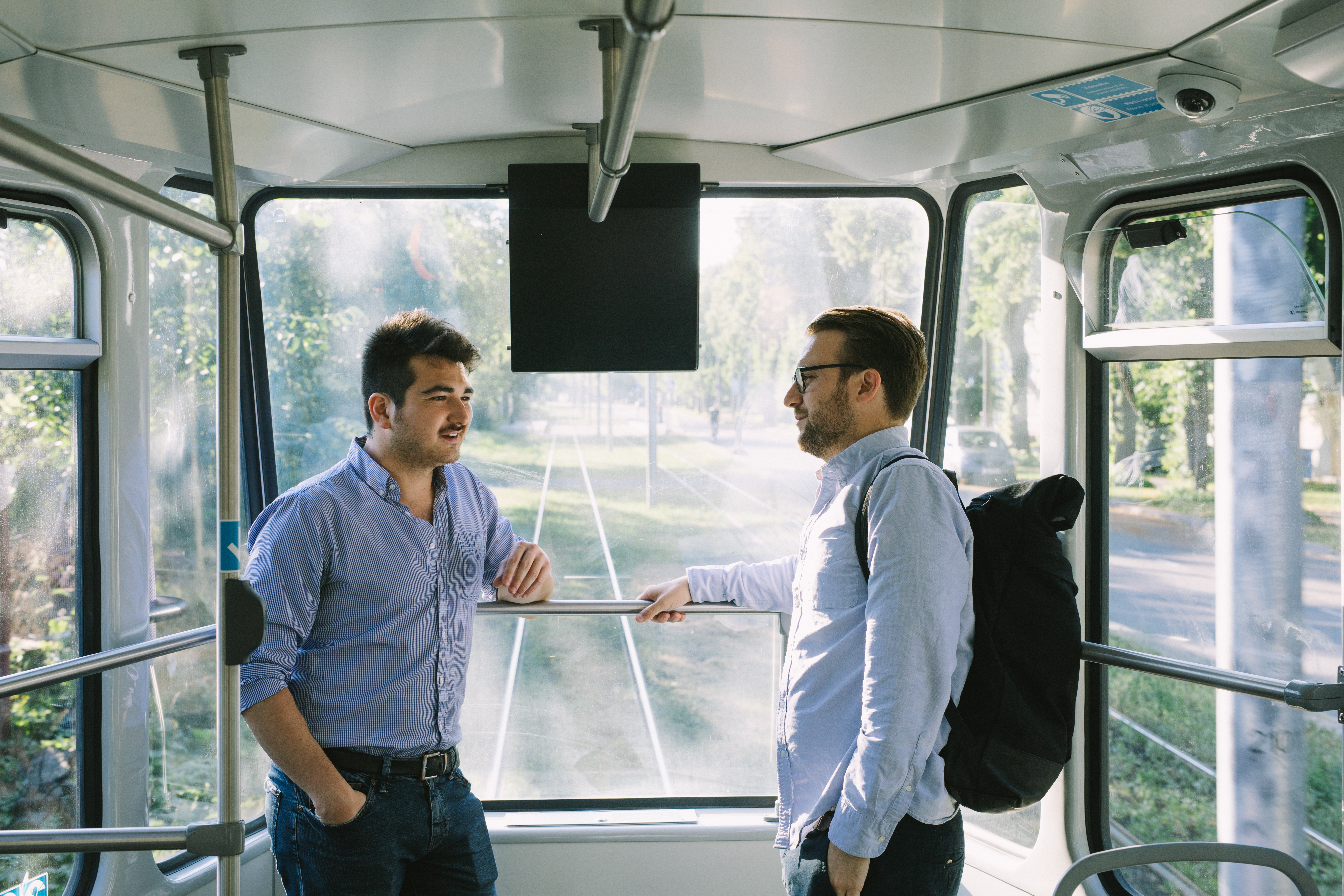 Men in a tram in Tallinn, Estonia.