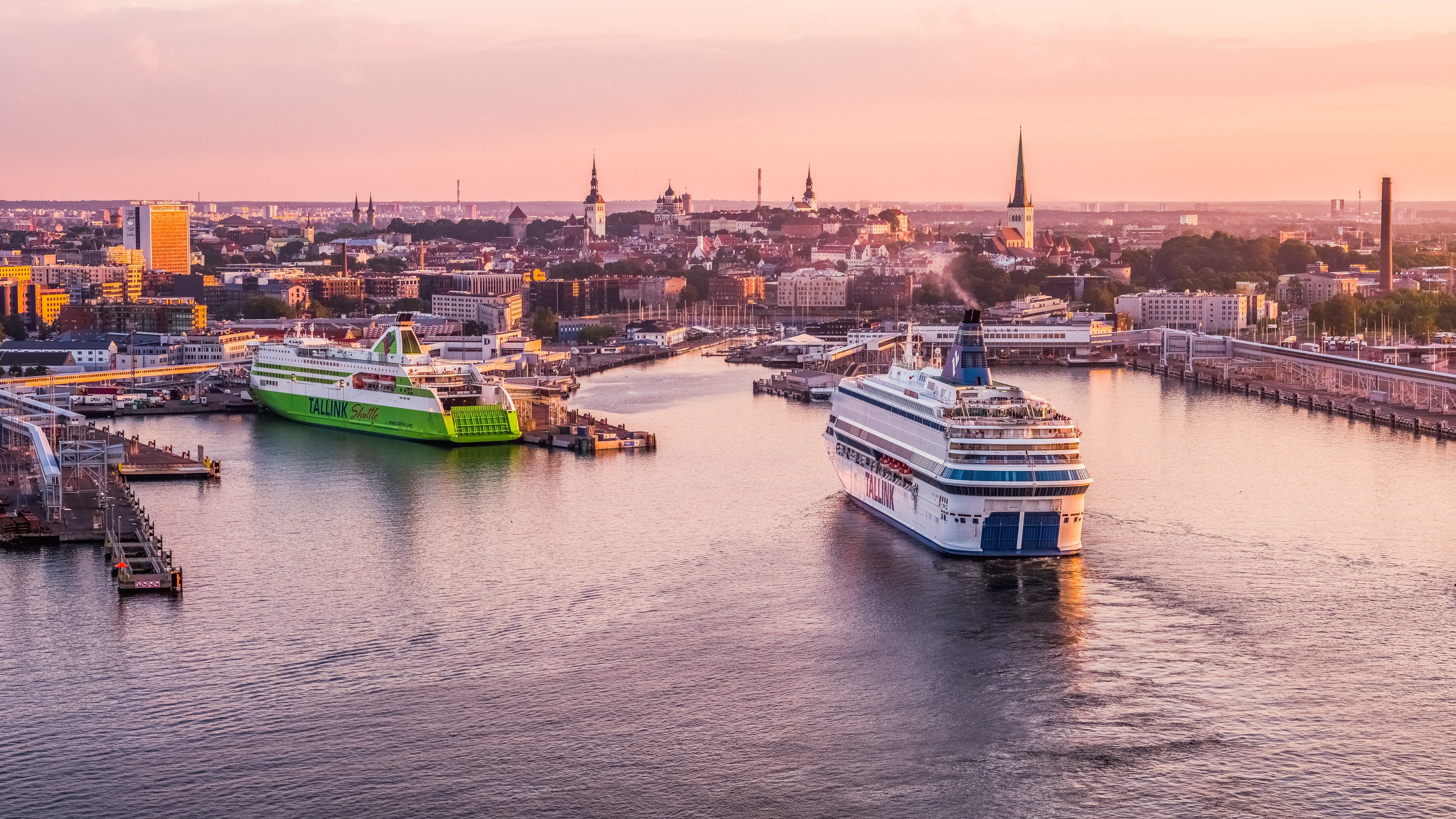 Tenet filming locations in Tallinn, Estonia: sunset on the bay and view of the port