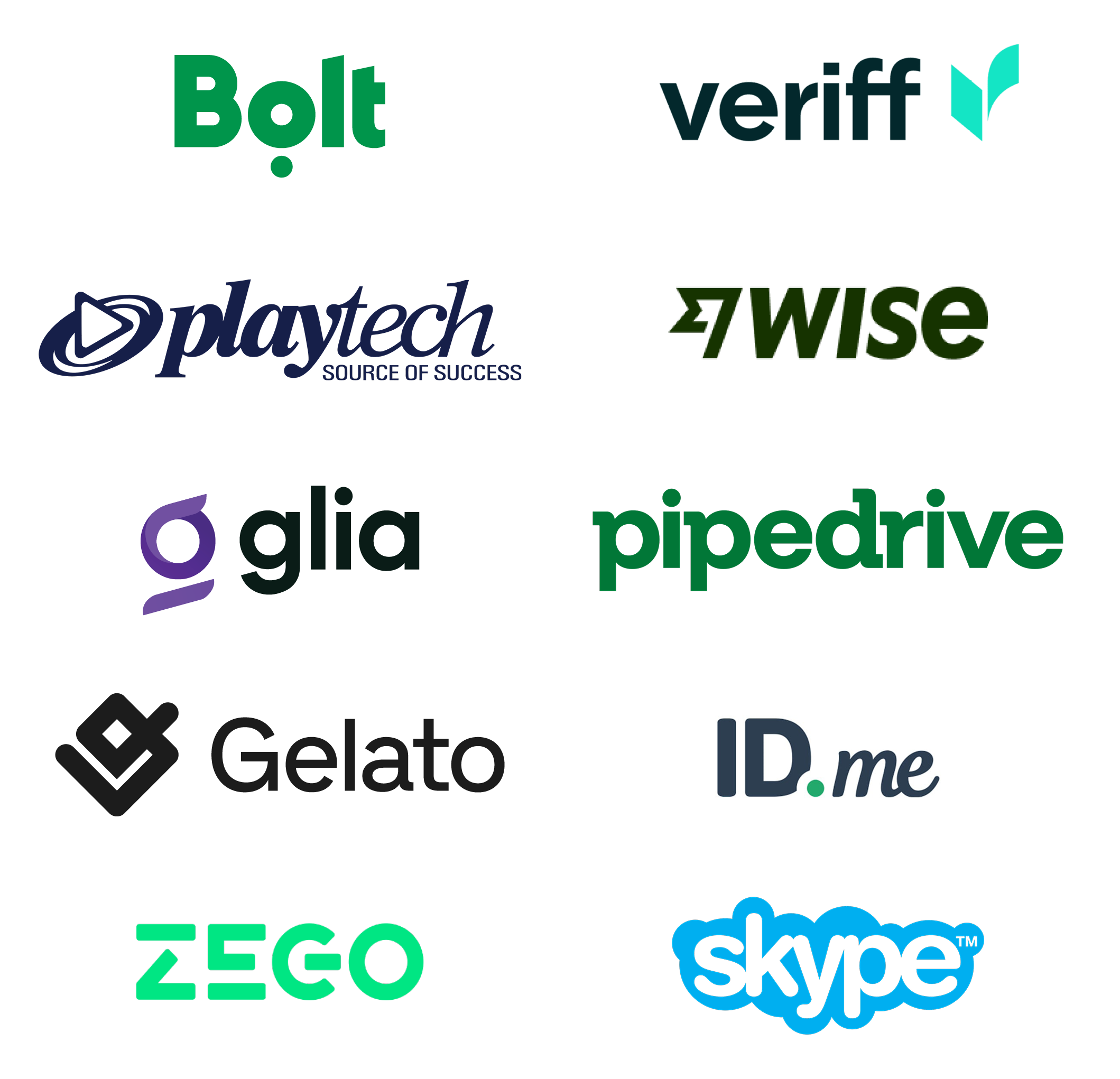 Logos of Estonian-founded technology companies including Bolt, Veriff, Playtech, Wise, Glia, Pipedrive, Gelato, ID.me, Zego and Skype.