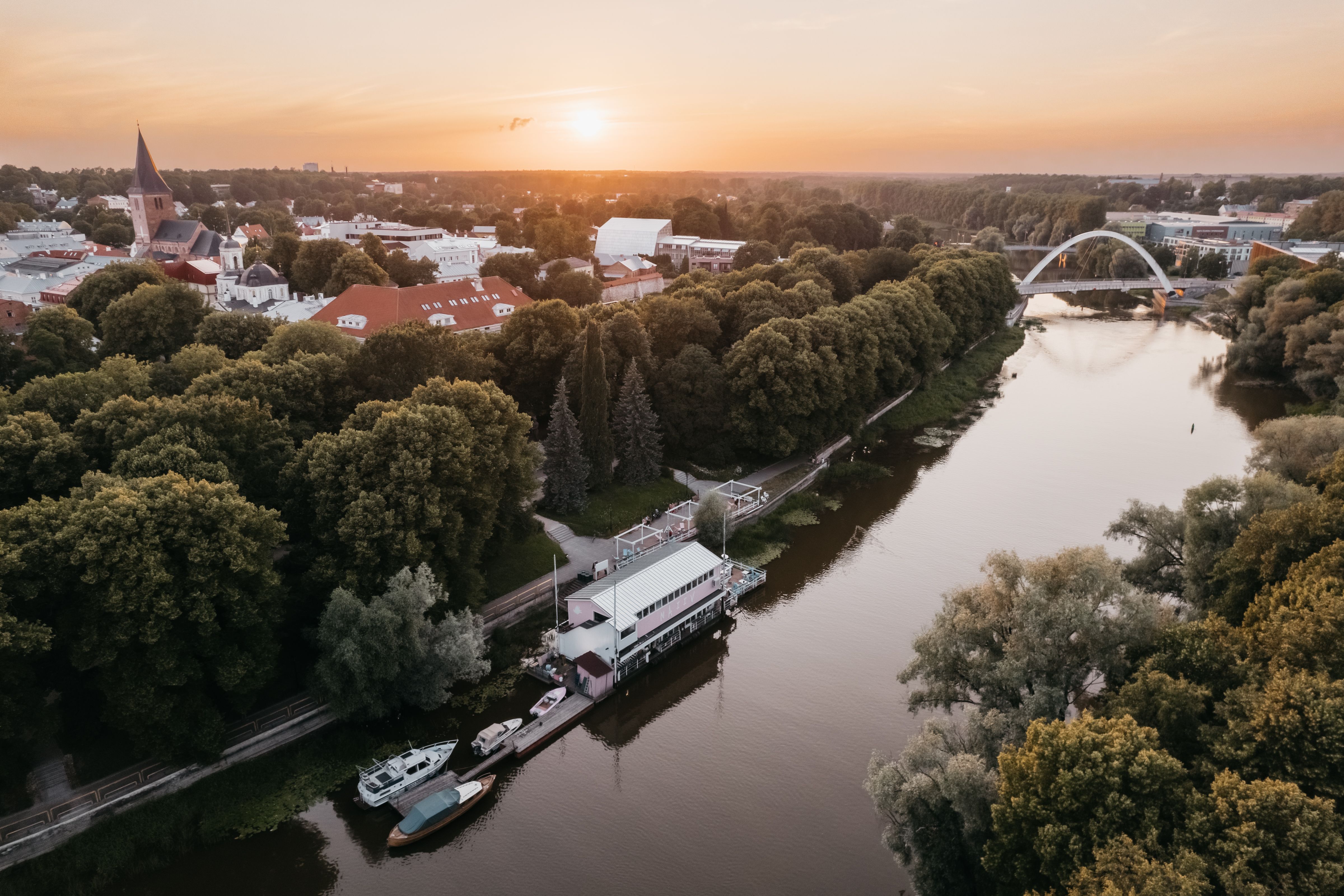 Aerial view of the Old Town of Tartu next to the river Emajõgi.