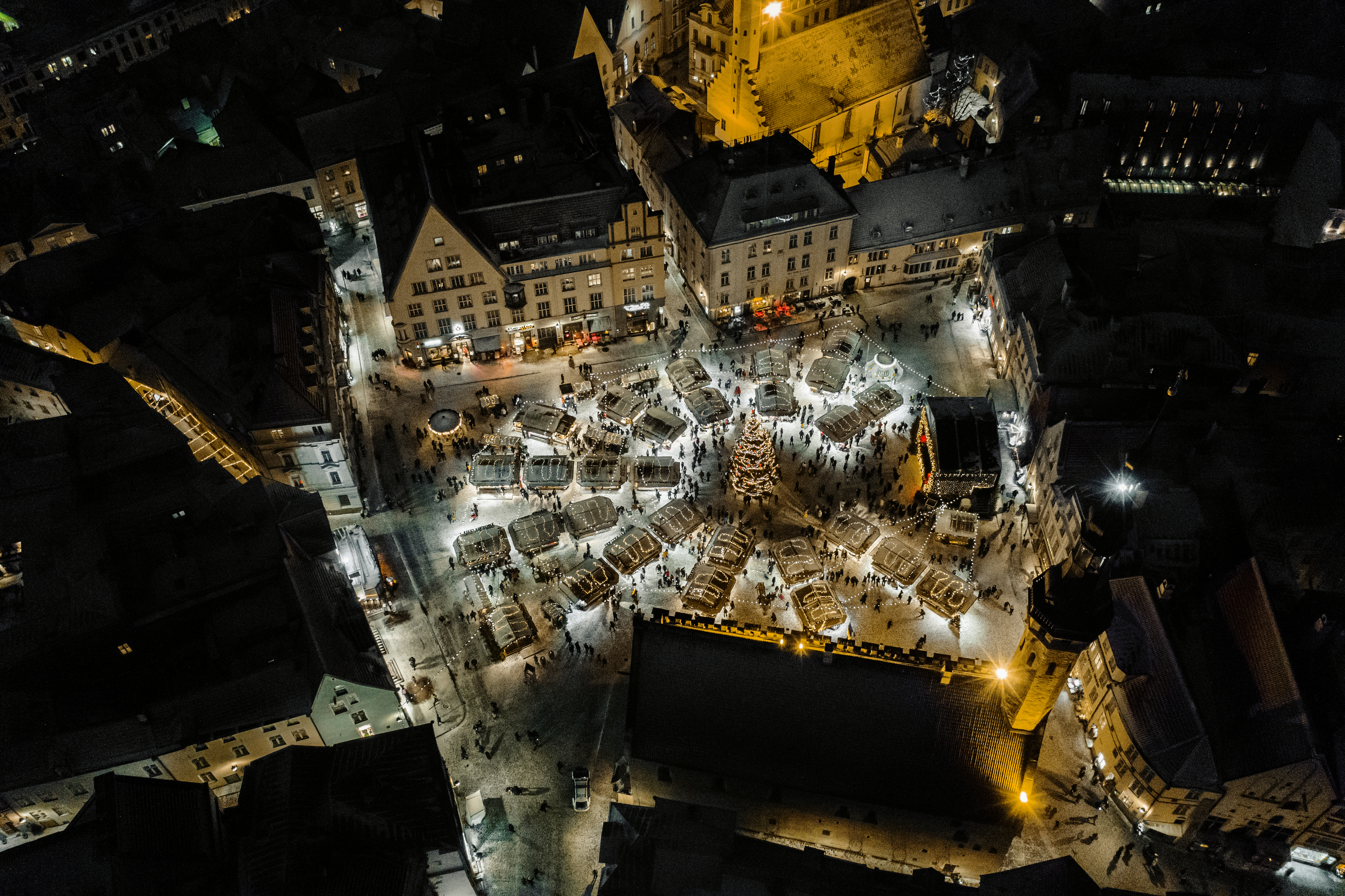 Aerial view (droneshot) of the Christmas Market in the Old Town of Tallinn, Estonia