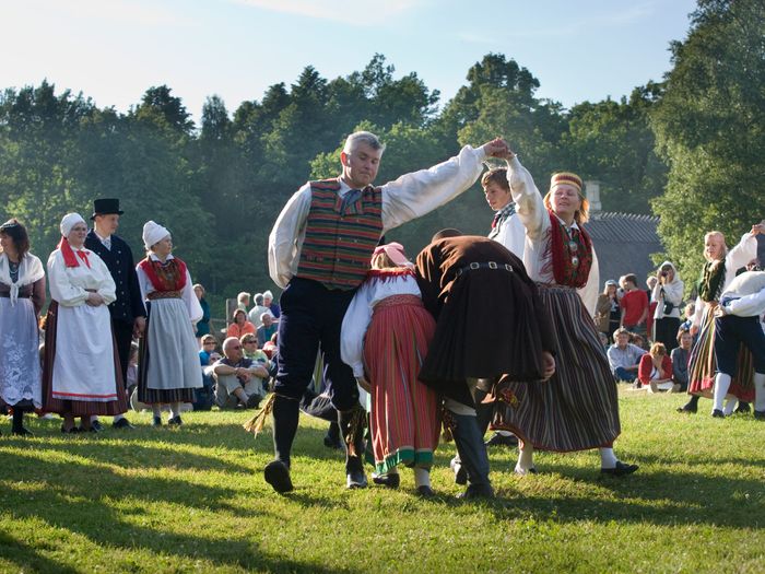 Estonian folk dancers in traditional costumes Photo: 